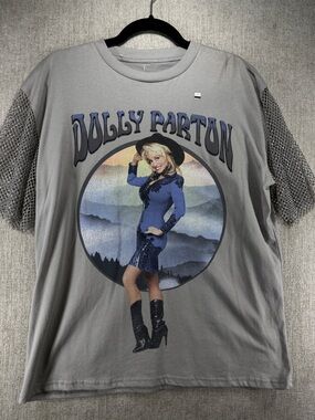 Dolly Parton Rhinestone Mesh Sleeve Graphic Oversized Tee Gray Small